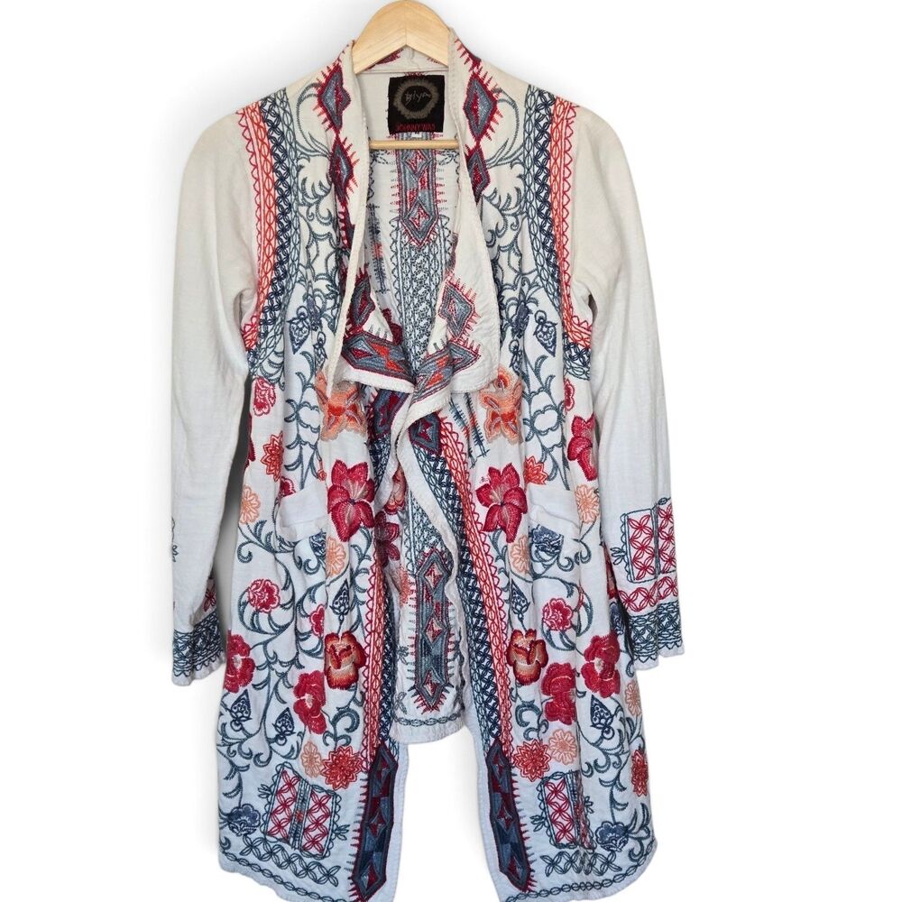 JOHNNIE WAS BIYA Embroidered FLORAL Red Duster Cardigan Size M